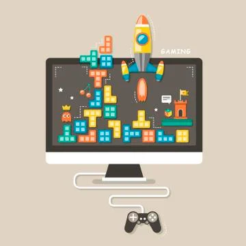 Flat design icons concept of computer games Illustrazione stock