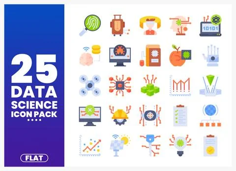 Flat design icons for data science in a grid layout on a white background Illustrazione stock