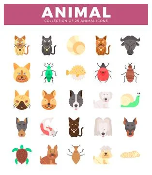Flat design icons of diverse animals and insects set against a white backgr.. Stock Illustration
