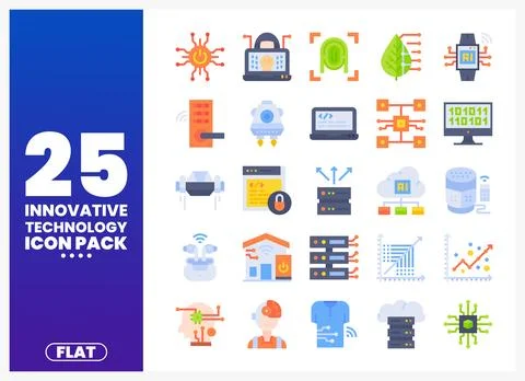 Flat design icons of innovative technology pack on blue background Stock Illustration