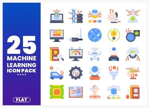 Flat design icons of machine learning concepts. technology. and data on a w.. Stock Illustration