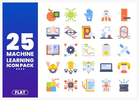 Flat design icons for machine learning and artificial intelligence. present.. Stock Illustration