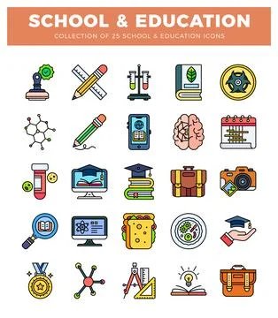 Flat design icons of school and education elements on white background. Stock Illustration