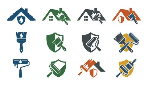 Flat design icons set of house painting and repair tools with shields Illustrazione stock