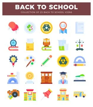 Flat design icons showcasing school supplies and building symbols. A back t.. Ilustración de archivo