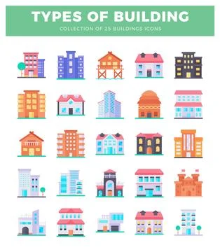 Flat design icons showing various building types in a grid layout. Illustrazione stock