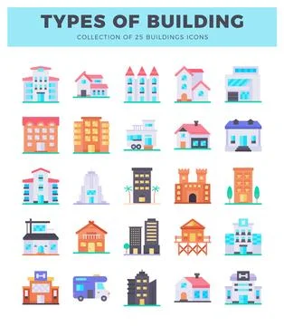 Flat design icons of various building types on a white background. Ilustración de archivo