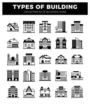 Flat design icons of various building types. residential and commercial str.. Ilustración de archivo