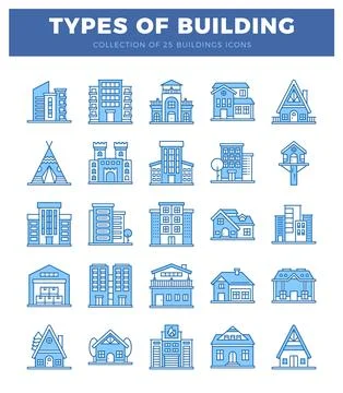 Flat design icons of various building types. illustrating modern and tradit.. Ilustración de archivo