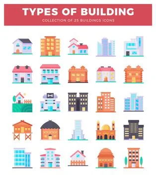 Flat design icons of various building types on a white background Ilustración de archivo