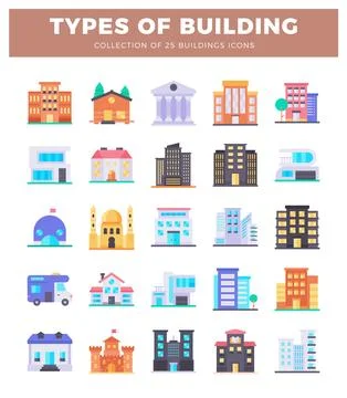 Flat design icons of various building types on white background Ilustración de archivo
