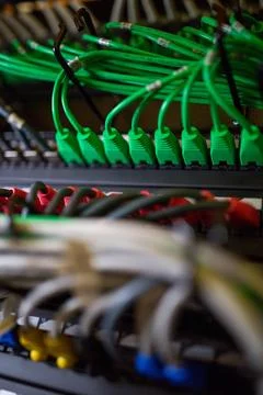 Flat design is illustrating patch panels with green and red Ethernet cables, Stock Photos