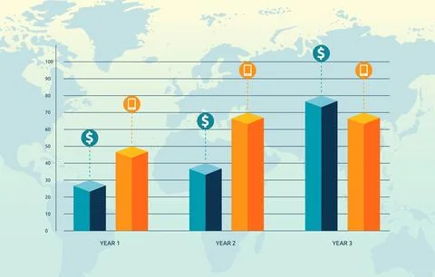 Flat Design Illustration of Bar Graph Chart Comparison Diagram for Business.. Illustrazione stock