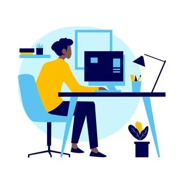 Flat Design Illustration of Black Man Employee Working with Computer at Offic Stockillustratie