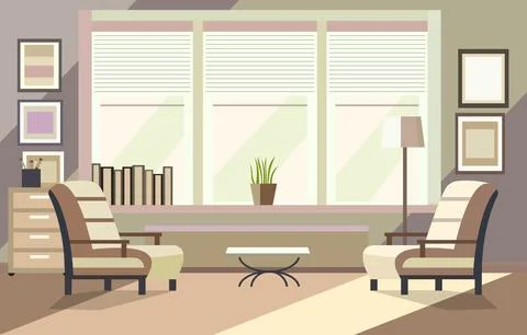 Flat Design Illustration of Chairs in Workspace with Big Window and Picture.. Stock Illustration