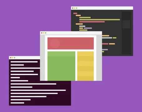 Flat design illustration of computer windows with web development code editor Stock Illustration