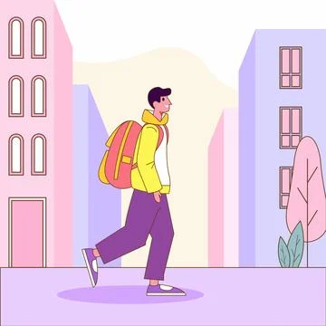 Flat Design Illustration of Cute Boy Character Walking to School with City .. イラスト素材