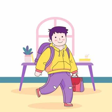 Flat Design Illustration of Cute Boy Character Wearing Backpack with Smile .. Stockillustratie
