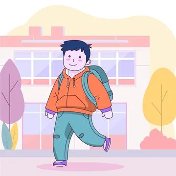 Flat Design Illustration of Cute Boy Character Walking in Front of the Scho.. Stock Illustration