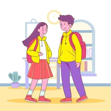 Flat Design Illustration of Cute Boy Girl Character Wearing Backpack Back t.. 스톡 일러스트