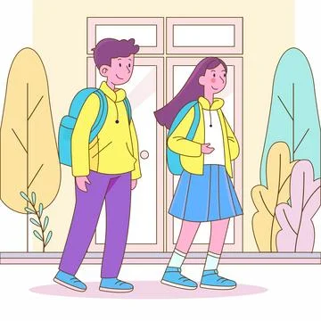 Flat Design Illustration of Cute Boy Girl Character Wearing Backpack Back t.. 스톡 일러스트