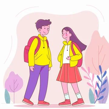 Flat Design Illustration of Cute Boy Girl Character Wearing Backpack Back t.. Stockillustratie