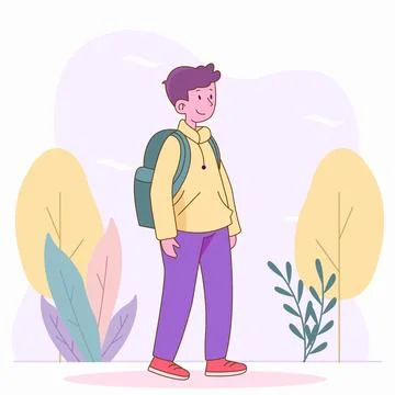 Flat Design Illustration of Cute Boy Character Back to School Standing in t.. Stock Illustration