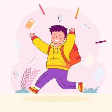 Flat Design Illustration of Cute Boy Character Jumping with Happy Expressio.. Stock Illustration