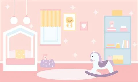 Flat Design Illustration of Cute Pink Bedroom Landscape for Kid Little Girl.. Stock Illustration