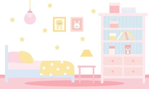 Flat Design Illustration of Cute Pink Bedroom Landscape for Kid Little Girl.. Stock Illustration