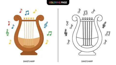 A flat design illustration of David's harp with musical notes, shown in both Stockillustratie