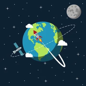 Flat design illustration of the Earth in space. Rocket. Vector. Stock Illustration