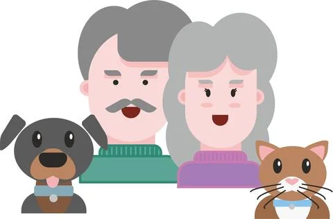 Flat design illustration of an elderly couple with a dog and a cat front view. Stock Illustration