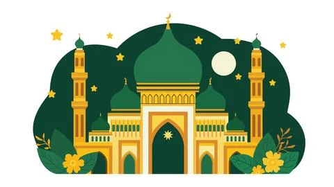 Flat Design Illustration of Green Islamic Mosque Heritage Building with Flo.. Ilustración de archivo
