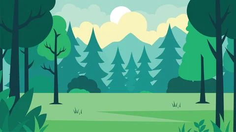 Flat Design Illustration of Green Pine Trees Mountain View in Jungle with S.. 스톡 일러스트