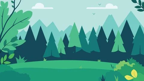 Flat Design Illustration of Green Pine Trees Adventure Nature Landscape in .. イラスト素材