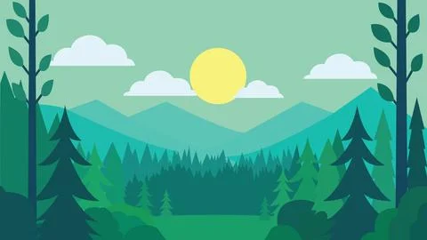 Flat Design Illustration of Green Pine Trees Mountain View in Jungle with S.. 스톡 일러스트
