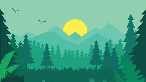 Flat Design Illustration of Green Pine Trees Mountain View in Jungle with S.. 스톡 일러스트