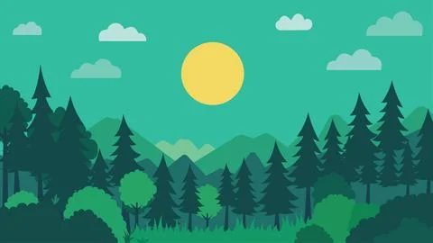 Flat Design Illustration of Green Pine Trees Mountain View in Jungle with S.. 스톡 일러스트