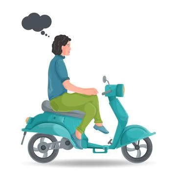 Flat design illustration A guy in green pants is sitting on a blue moped on a 스톡 일러스트