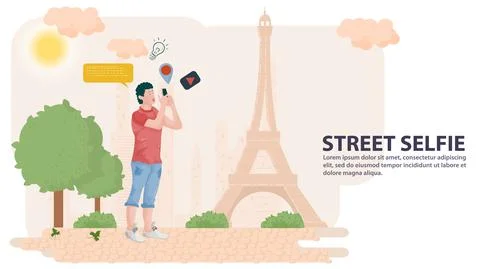A flat design illustration of a guy in a park against the background of a cit Stock Illustration
