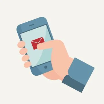 Flat design illustration with hand, mobile phone and e-mail Stock Illustration