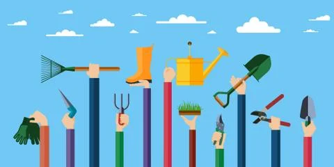Flat design illustration of hands holding gardening tools. Stock Illustration