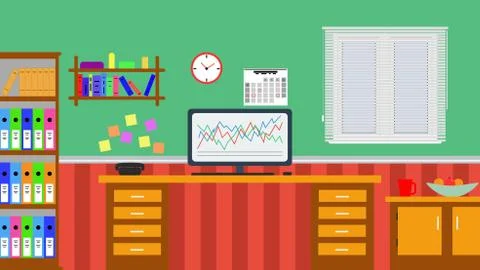 Flat design illustration of a home office with venetian blinds Stock Illustration