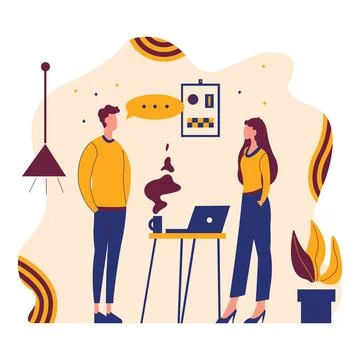 Flat Design Illustration of Man and Woman Standing While Discussing Talking.. 스톡 일러스트