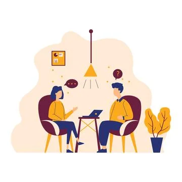 Flat Design Illustration of Man and Woman Sitting While Discussing Talking .. Stockillustratie