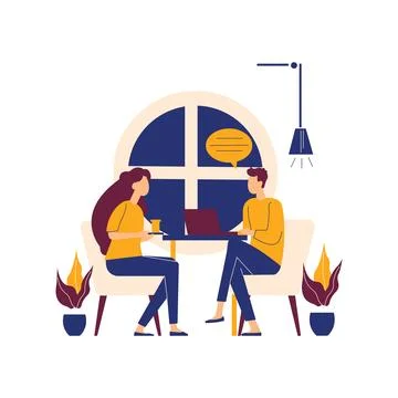 Flat Design Illustration of Man and Woman Sitting While Discussing Talking .. Stockillustratie