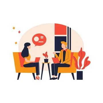 Flat Design Illustration of Man and Woman Sitting While Discussing Talking .. Stockillustratie