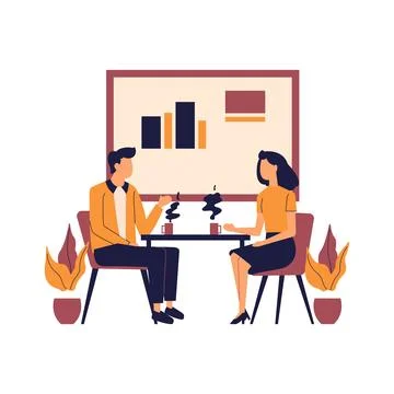 Flat Design Illustration of Man and Woman Sitting While Discussing Talking .. 스톡 일러스트