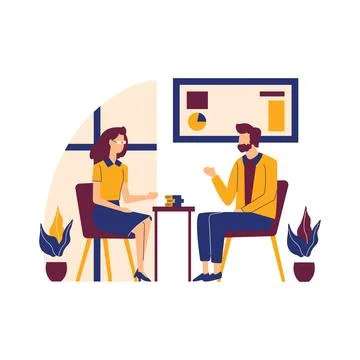 Flat Design Illustration of Man and Woman Sitting While Discussing Talking .. Stock Illustration